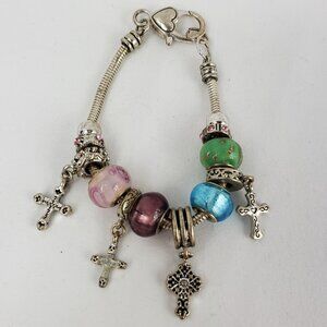 Glass Bead Silver Tone Cross Pennant Bracelet